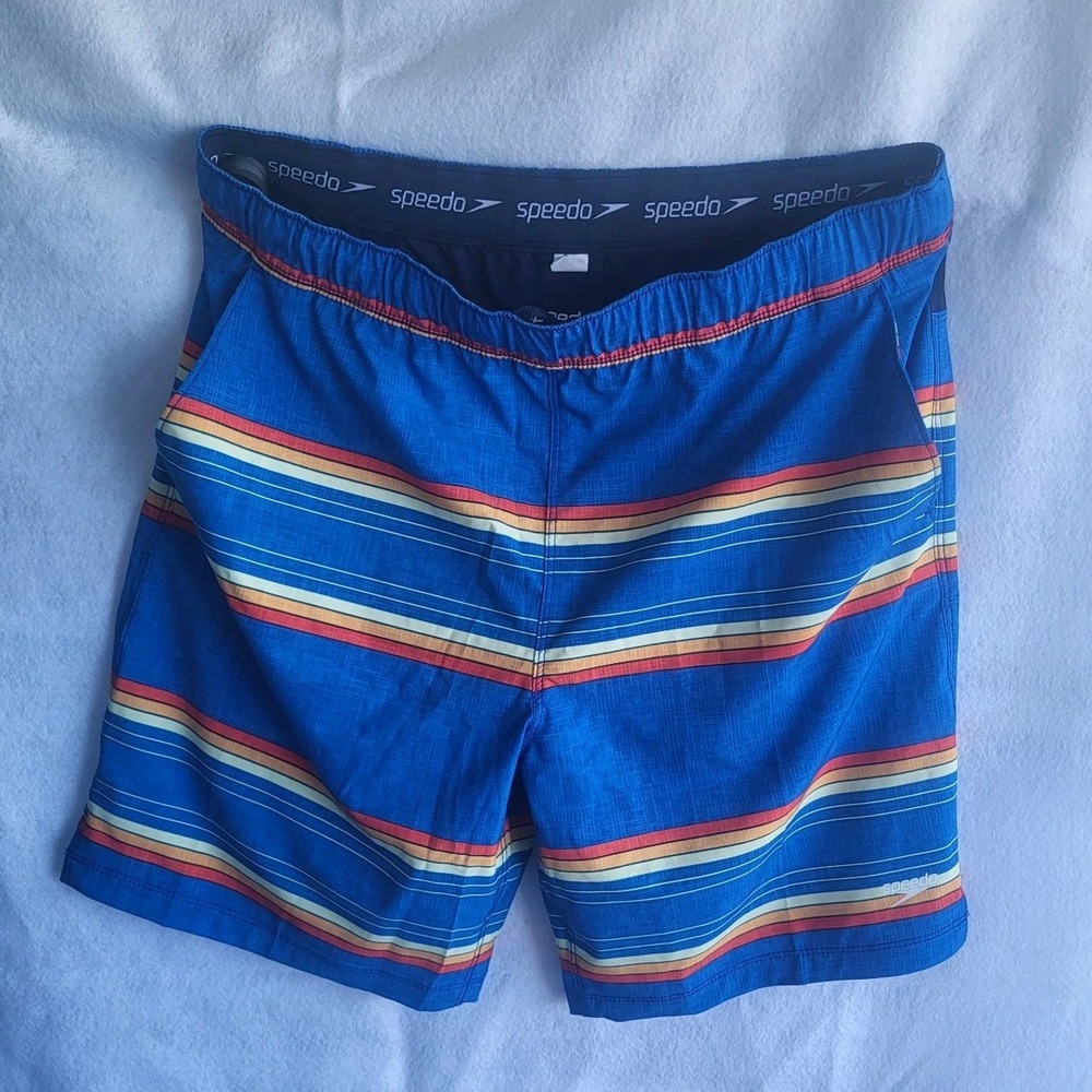 speedo‎ mens swim trunks m medium blue stripes pockets